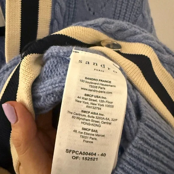 Sandro Blue Wool Erwan Pointelle Knit Women's Cardigan Sweater - Picture 10 of 11